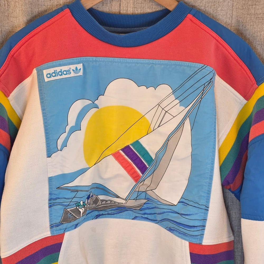 VTG Adidas Regatta Sweatshirt Mens S Multicolor Nautical Sailboat 80s Colorblock - Picture 2 of 8